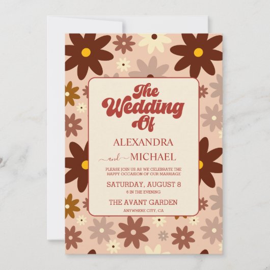 QR Code Moderne Groovy Retro 70s Bloemenbruiloft Kaart (Voorkant)