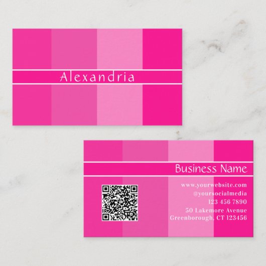 QR-code Moderne naam Hot Pink Stripes Visitekaartje (Voorkant / Achterkant)