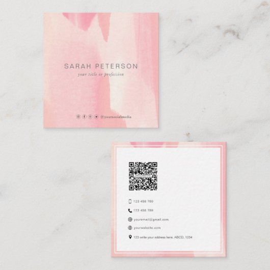 QR-code moderne trendy blush waterverf persoonlijk Vierkante Visitekaartje (Voorkant / Achterkant)