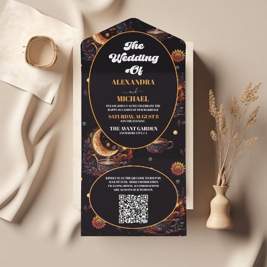 QR Code Mystiek Zwart Goud Hemelse Bruiloft All In One Uitnodiging