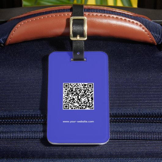 QR-code, naam & info, blauw & wit, elegant Bagagelabel (Voorkant Insitu 2)