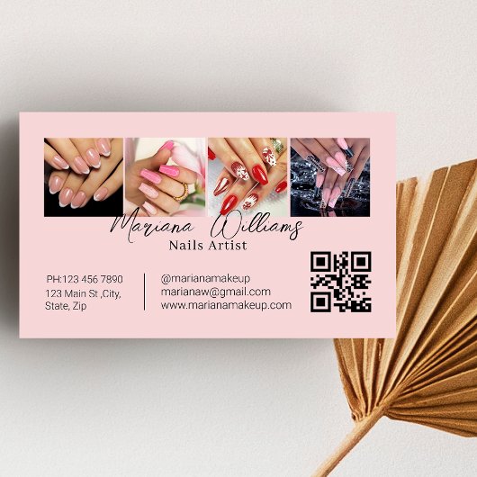 QR Code Nails Artiest 4 Foto's Collage Roze Visitekaartje