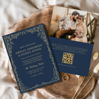 QR Code Navy Blauw Goud Foto Minimalistische bruil