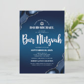 QR-code Navy Blauwe Ombre Agate Script Bar Mitzvah Kaart (Staand voorkant)