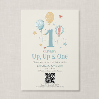 QR-code Omhoog Eén Vintage Ballon Eerste Verjaarda Kaart