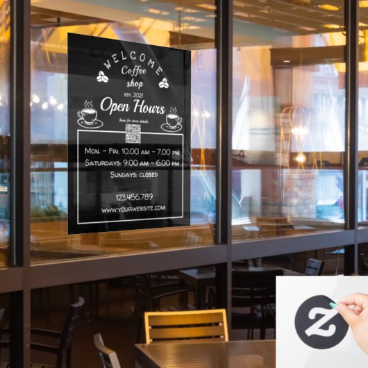 QR-code open uren koffiewinkelbord - vensterklonen Raamsticker (Restaurant Raam)