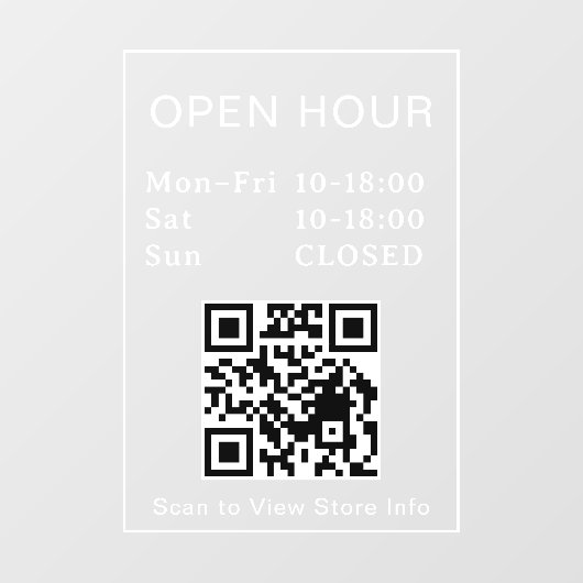 QR-code openingstijden witte tekst deur bord Raamsticker (Vel)