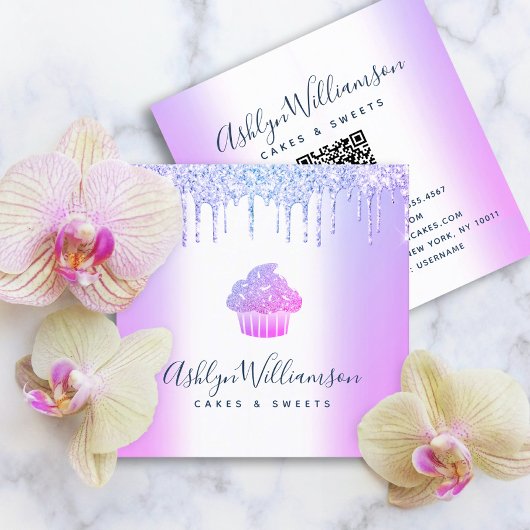 QR Code Paarse Cupcake Glitter Drips Bakkerij geba Vierkante Visitekaartje