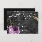 QR Code Paarse en Zwarte Bloemen Bruiloft RSVP Kaa (Voorkant / Achterkant)