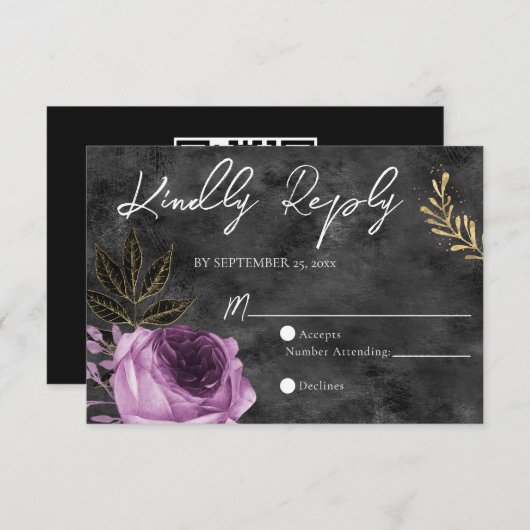QR Code Paarse en Zwarte Bloemen Bruiloft RSVP Kaa (Voorkant / Achterkant)