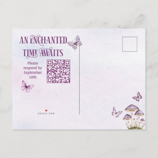 QR Code Paarse Waterverf Fairy Eerste Verjaardag Uitnodiging Briefkaart (Achterkant)