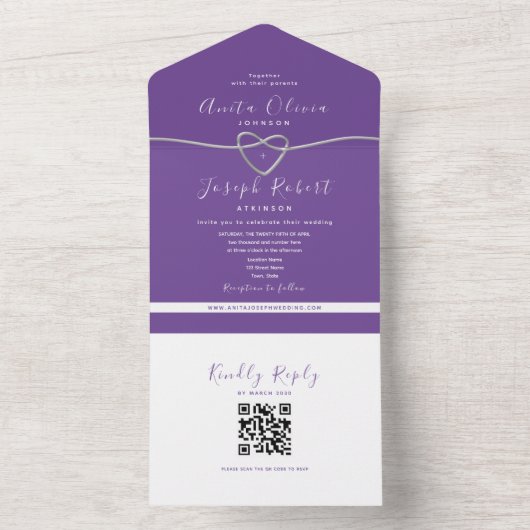 QR Code Paarse Zilveren Hart Wedding All In One Uitnodiging (Binnen)