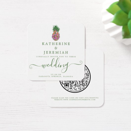 QR Code Pananas Floral Wedding Vierkante Visitekaartjes (Bureau)