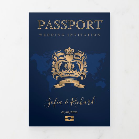 QR Code Paspoort Bestemming Bruiloft Goud Marine Drieluik Wenskaart (Cover)