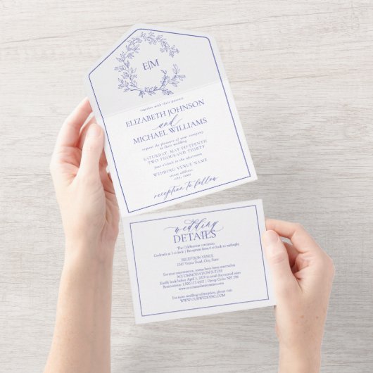 QR Code Periwinkle Leafy Crest Monogram Weddenscha All In One Uitnodiging (Afscheurbaar)