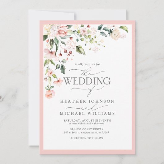 QR-code Perzige roze Waterverf Floral bruiloft Kaart (Voorkant)