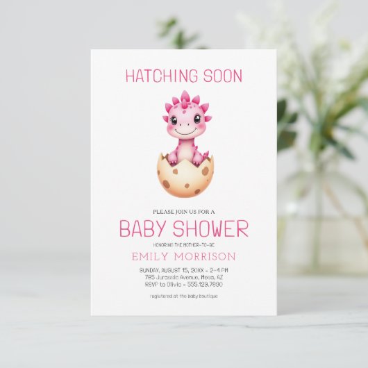 QR Code Pink Dinosaur Hatching Soon Baby Shower Kaart (Staand voorkant)
