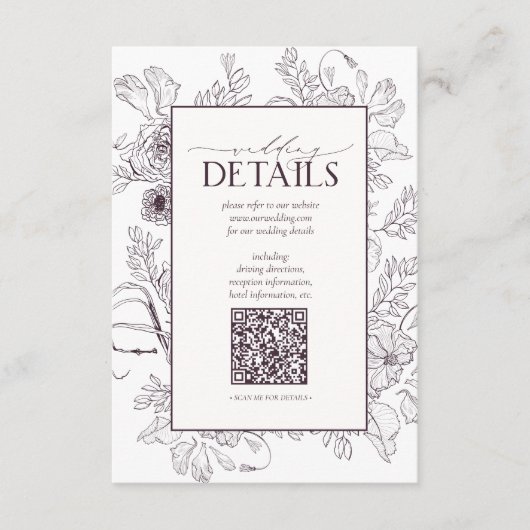 QR Code Plum Paars Floral Wedding Details Informatiekaartje (Voorkant)