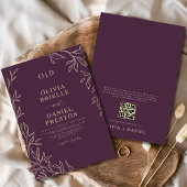 QR Code Plum Paarse & Goud Minimal Leaf Wedding Kaart