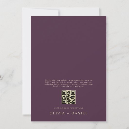 QR Code Plum Paarse & Goud Minimal Leaf Wedding Kaart (Achterkant)
