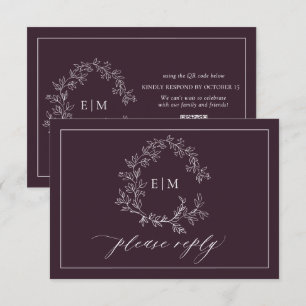 QR Code Plum Paarse Leafy Crest Monogram Weddensch RSVP Kaartje