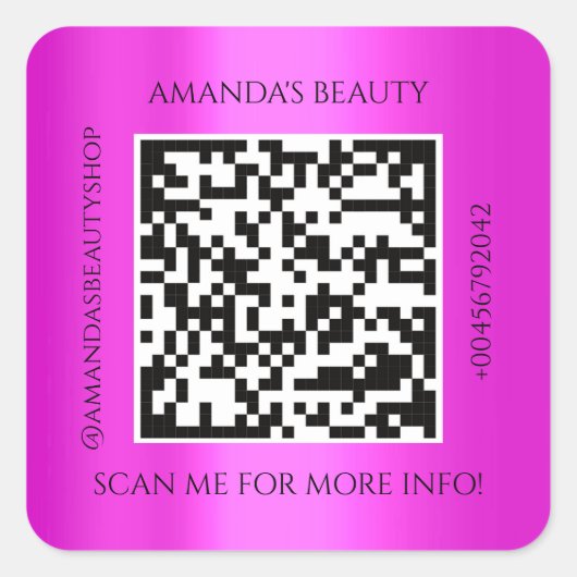 QR-code promotienaam Contact Roze Fuchsia Vierkante Sticker (Voorkant)
