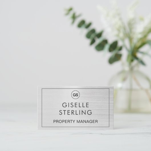 QR Code Property Manager Brushed Silver Monogram Visitekaartje (Staand voorkant)