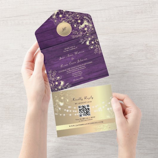 QR Code Purple Gold Rustic Lights Wedding All In One Uitnodiging (Afscheurbaar)