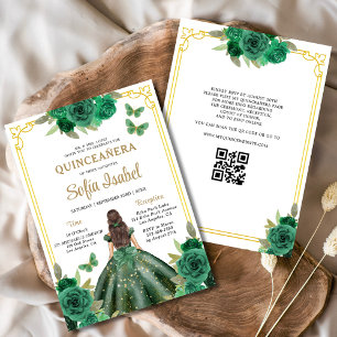 QR Code Quinceanera Bloemen Smaragdgroen Goud Kaart