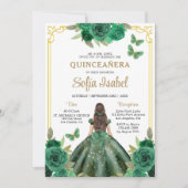 QR Code Quinceanera Bloemen Smaragdgroen Goud Kaart (Voorkant)
