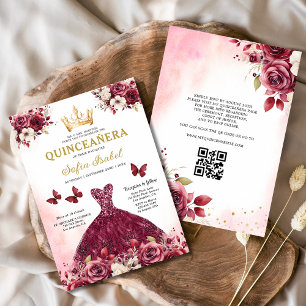 QR Code Quinceanera Floral Bourgondië Prinses Kaart