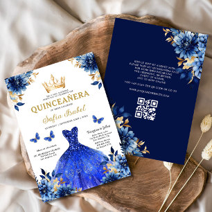 QR Code Quinceanera Floral Royal Blue Princess Kaart