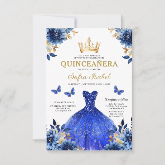 QR Code Quinceanera Floral Royal Blue Princess Kaart (Voorkant)