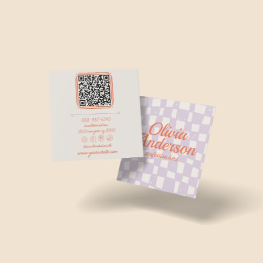 QR Code Retro Paarse Hand getekend Geruite Girly Vierkante Visitekaartje