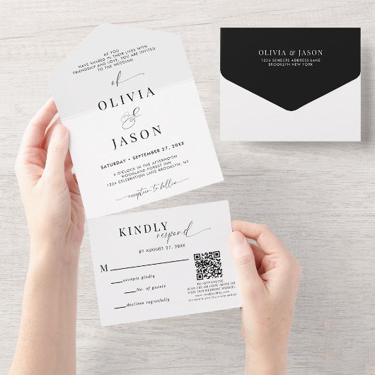 QR Code Romantisch Script Zwart Wit Bruiloft RSVP All In One Uitnodiging