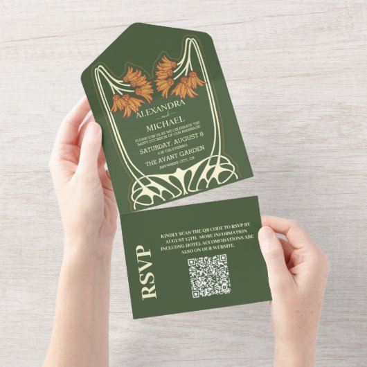 QR Code Romantische Art Nouveau Bruiloft All In One Uitnodiging (Afscheurbaar)