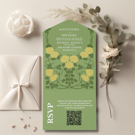 QR Code Romantische Art Nouveau Bruiloft All In One Uitnodiging