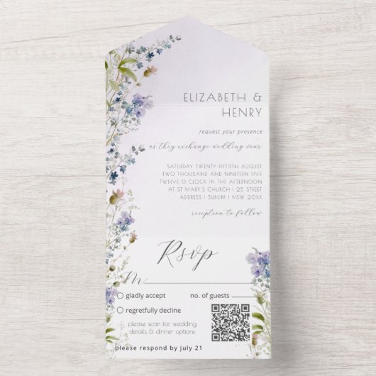 QR-code Romantische wilde bloem All In One Uitnodiging (Binnen)