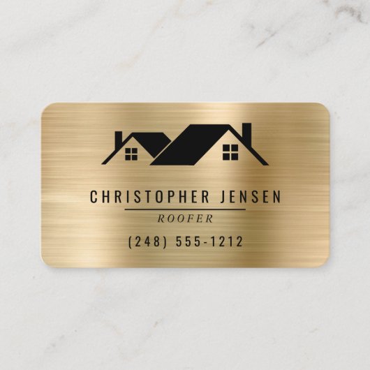 QR Code Roofing Black Gold Metallic Rounded Visitekaartje (Voorkant)