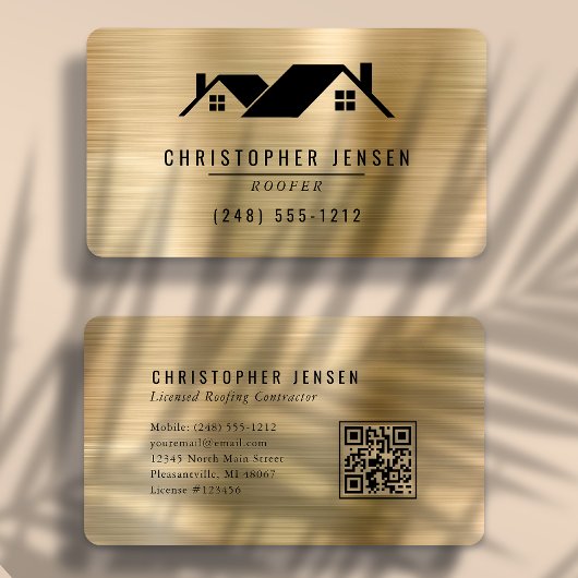 QR Code Roofing Black Gold Metallic Rounded Visitekaartje