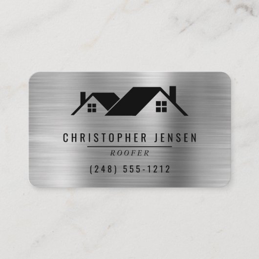QR Code Roofing Black Silver Metallic Rounded Visitekaartje (Voorkant)