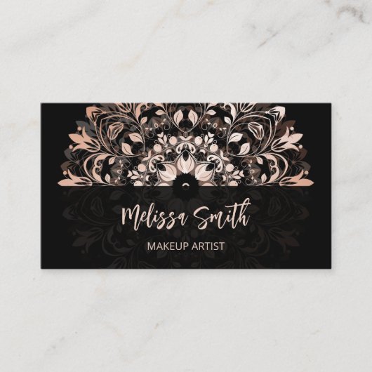QR-code | Roos Gold Black Floral Mandala Visitekaartje (Voorkant)