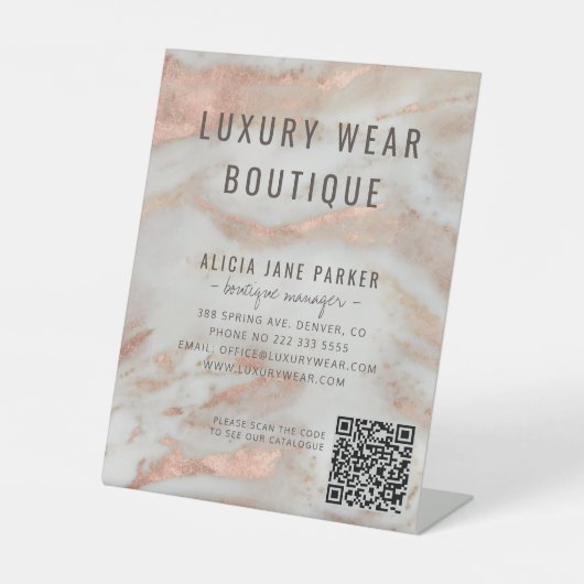 QR CODE roos goudbruine marmer elegant Reclamebord Met Voetstuk (Voorkant)