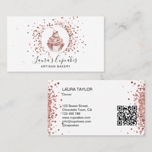 QR Code Roos Gouden Cupcake Bakkerij Chef Cake Visitekaartje (Voorkant / Achterkant)