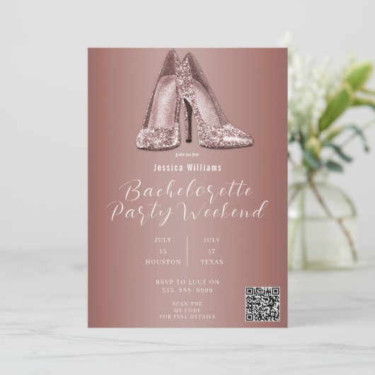 QR CODE Roos Gouden Glitter Schoenen Bachelorette Kaart (Staand voorkant)