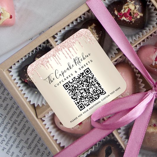 QR Code Roos Roze Glitter Drift Gold Business Name Vierkante Sticker