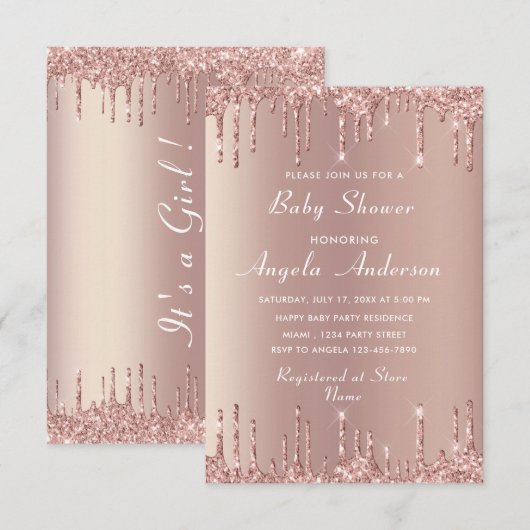 QR Code Rose Gold Baby Girl Shower Invitation (Devant / Derrière)