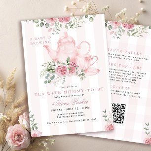 QR-code roze bloemige thema baby girl shower Kaart