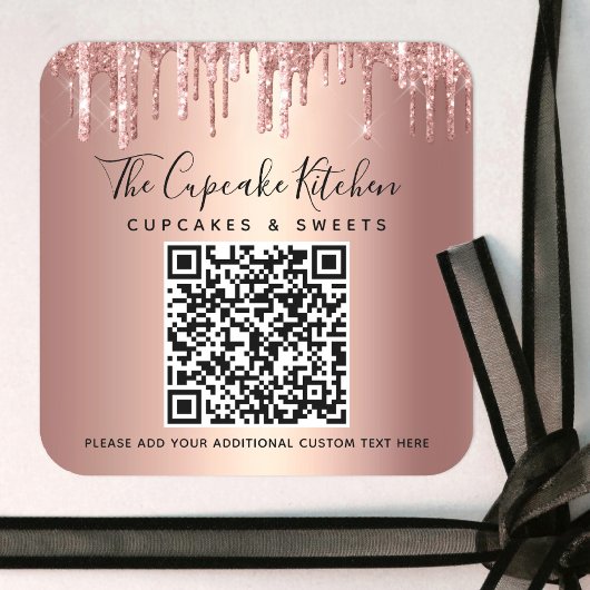 QR Code Roze Goud Glitter Druppels Script Zakelijk Vierkante Sticker