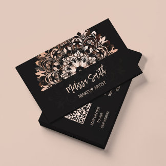 QR-code | Roze Goud Zwarte Bloemrijke Mandala Visitekaartje